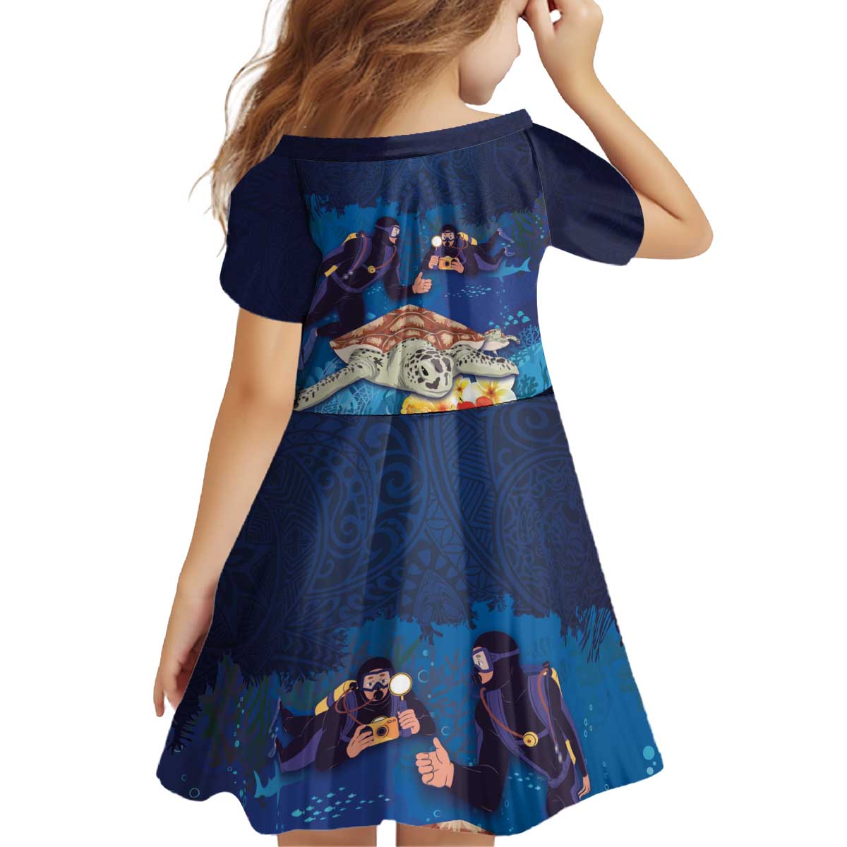 Polynesian Scuba Diving Kid Short Sleeve Dress Honu with Hibiscus and Plumeria Flower and Tapa Tribal Pattern
