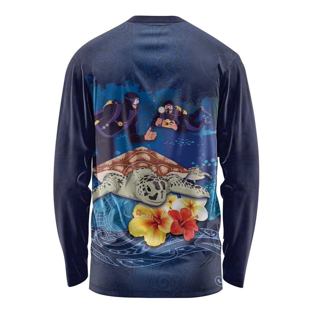 Polynesian Scuba Diving Long Sleeve Shirt Honu with Hibiscus and Plumeria Flower and Tapa Tribal Pattern