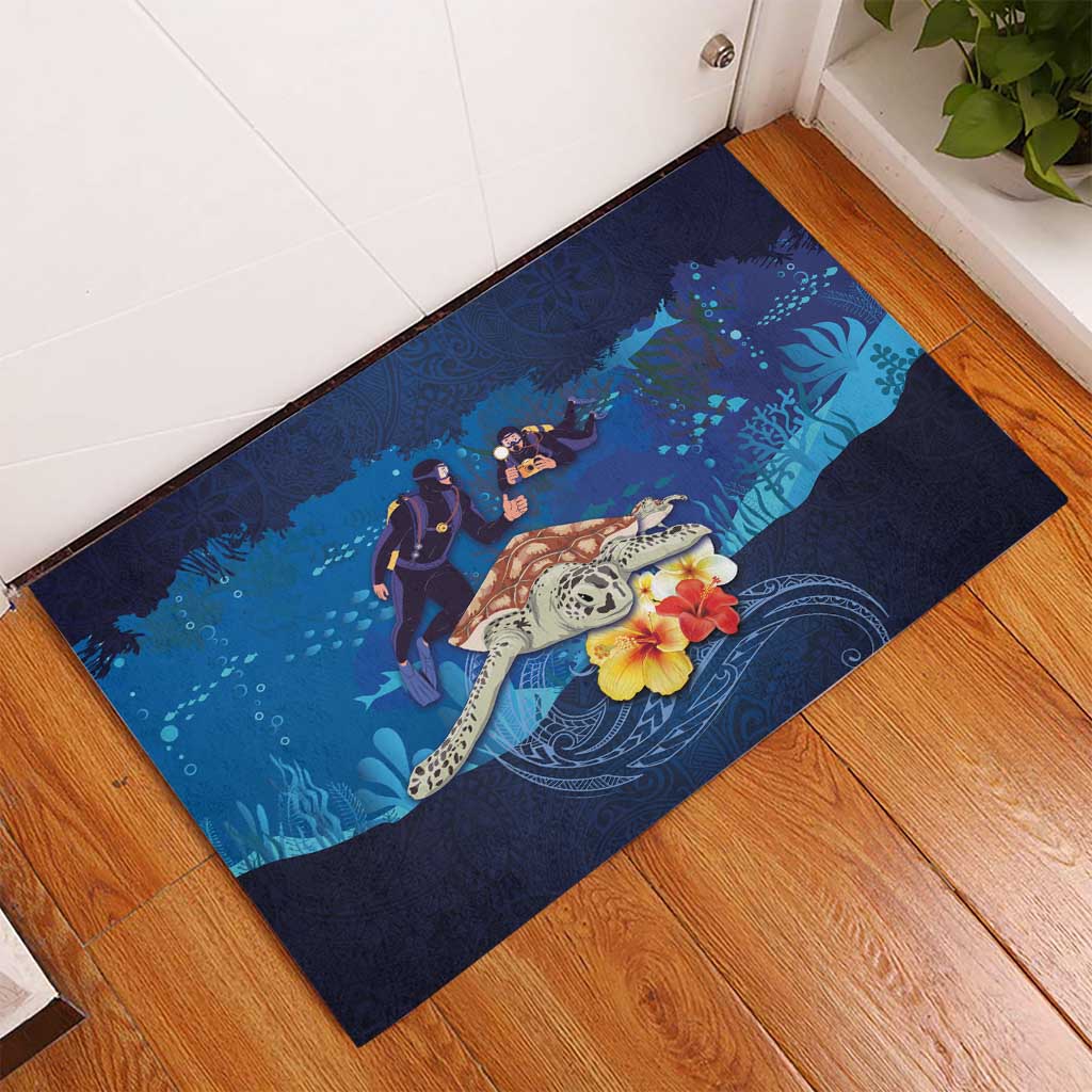 Polynesian Scuba Diving Rubber Doormat Honu with Hibiscus and Plumeria Flower and Tapa Tribal Pattern