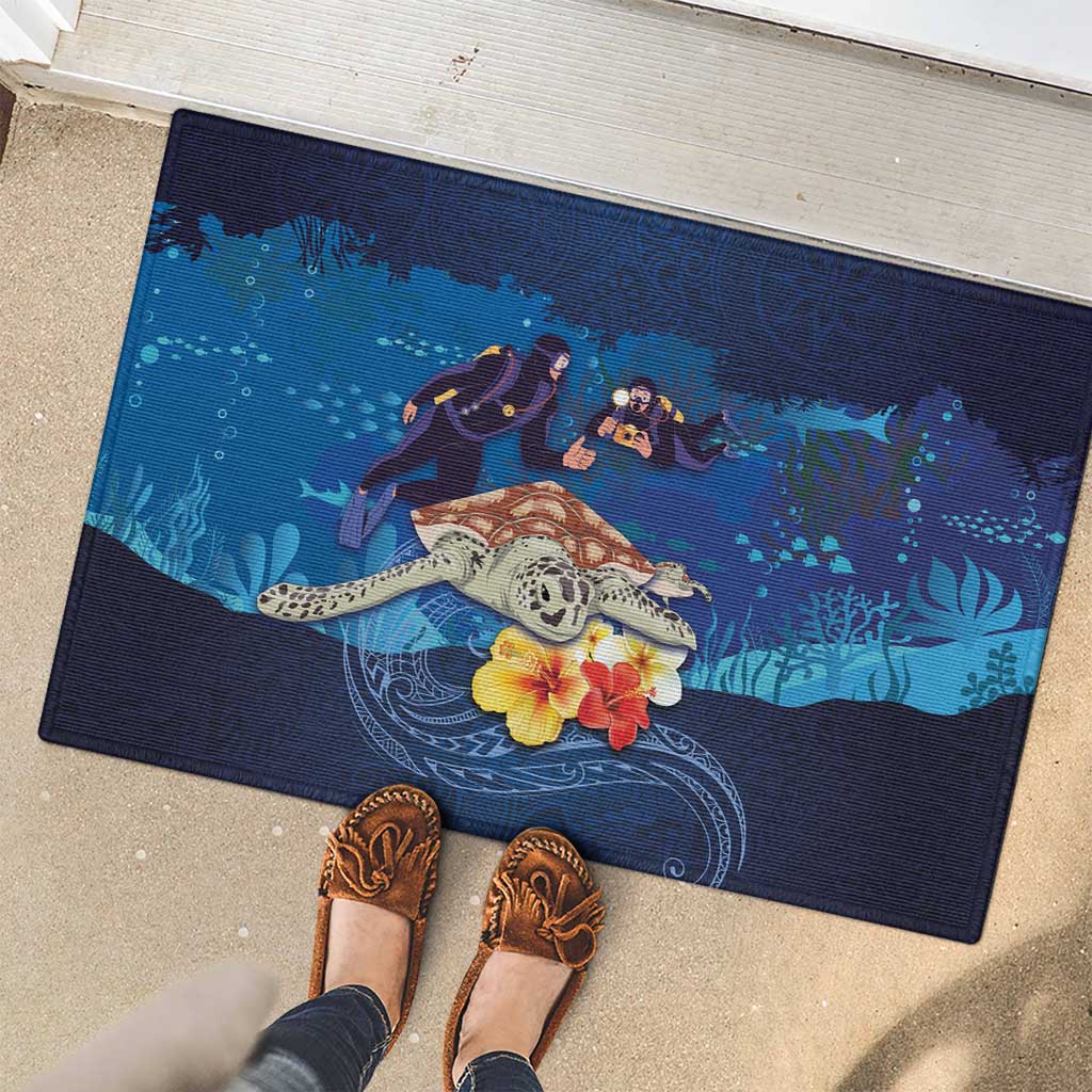 Polynesian Scuba Diving Rubber Doormat Honu with Hibiscus and Plumeria Flower and Tapa Tribal Pattern