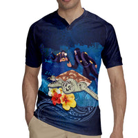 Polynesian Scuba Diving Rugby Jersey Honu with Hibiscus and Plumeria Flower and Tapa Tribal Pattern
