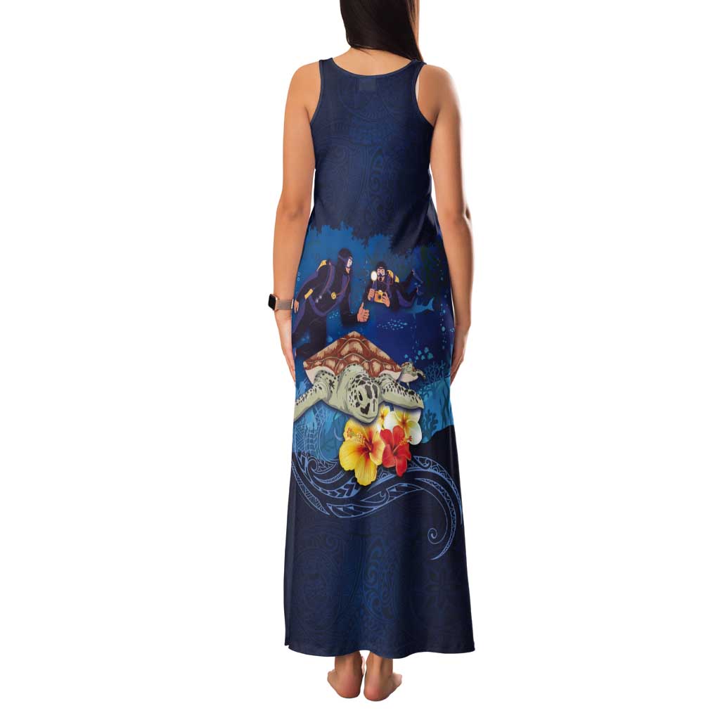 Polynesian Scuba Diving Tank Maxi Dress Honu with Hibiscus and Plumeria Flower and Tapa Tribal Pattern