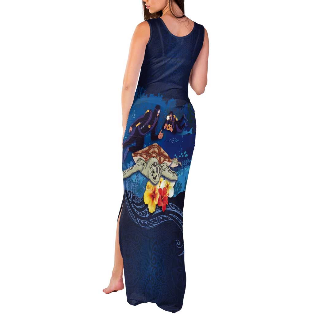 Polynesian Scuba Diving Tank Maxi Dress Honu with Hibiscus and Plumeria Flower and Tapa Tribal Pattern