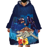 Polynesian Scuba Diving Wearable Blanket Hoodie Honu with Hibiscus and Plumeria Flower and Tapa Tribal Pattern