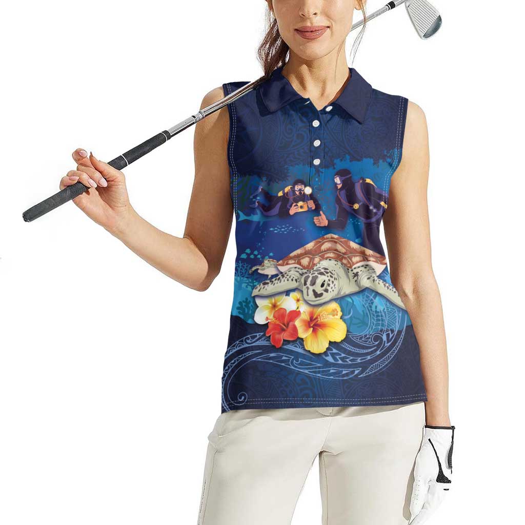 Polynesian Scuba Diving Women Sleeveless Polo Shirt Honu with Hibiscus and Plumeria Flower and Tapa Tribal Pattern