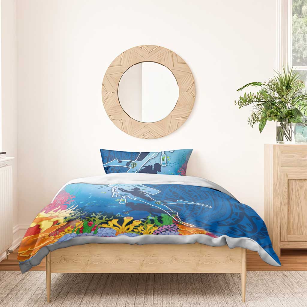 Polynesian Scuba Diving Bedding Set Beauty Corals with Underwater and Polynesian Pattern