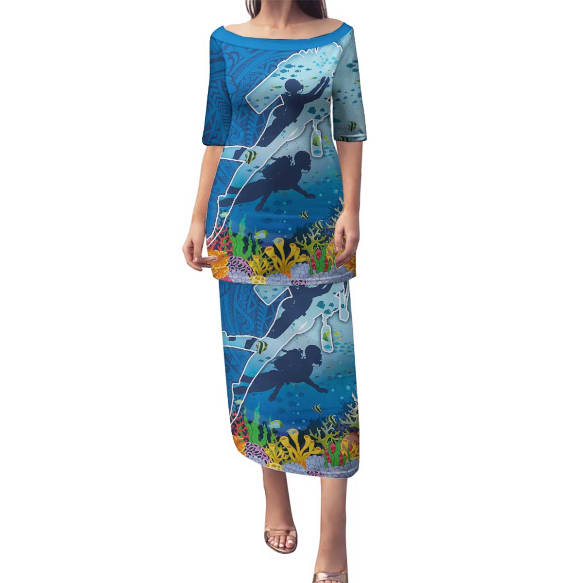 Polynesian Scuba Diving Family Matching Puletasi and Hawaiian Shirt Beauty Corals with Underwater and Polynesian Pattern