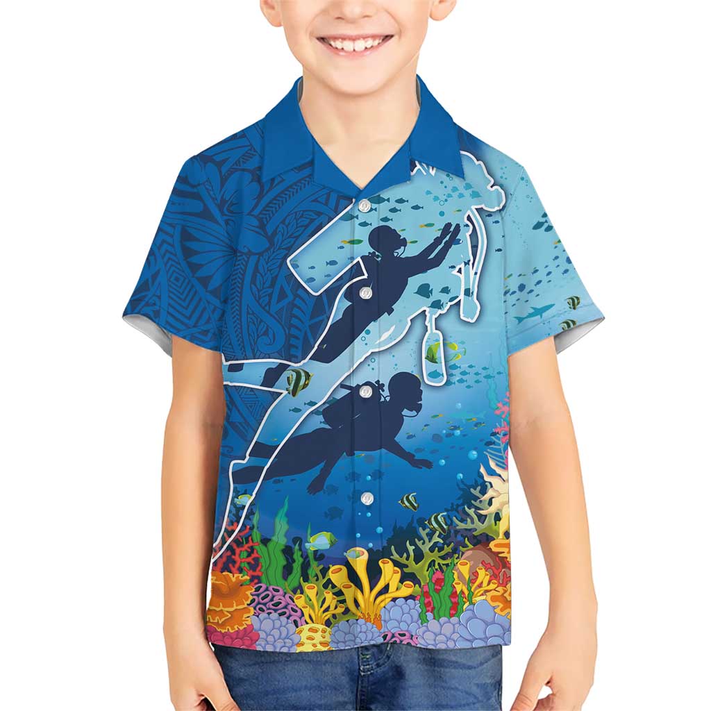 Polynesian Scuba Diving Kid Hawaiian Shirt Beauty Corals with Underwater and Polynesian Pattern LT03 Kid Blue - Polynesian Pride