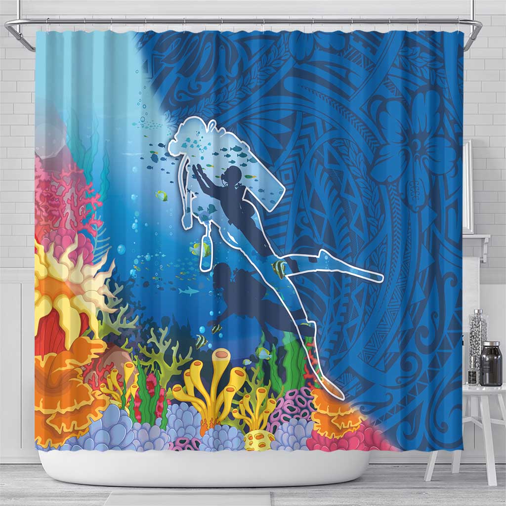Polynesian Scuba Diving Shower Curtain Beauty Corals with Underwater and Polynesian Pattern