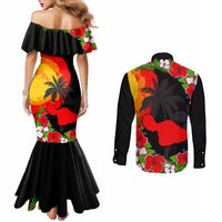 Hawaii Maui Island Couples Matching Mermaid Dress and Long Sleeve Button Shirts Maui Map With Tropical Forest Sunset Vibe LT03 - Polynesian Pride
