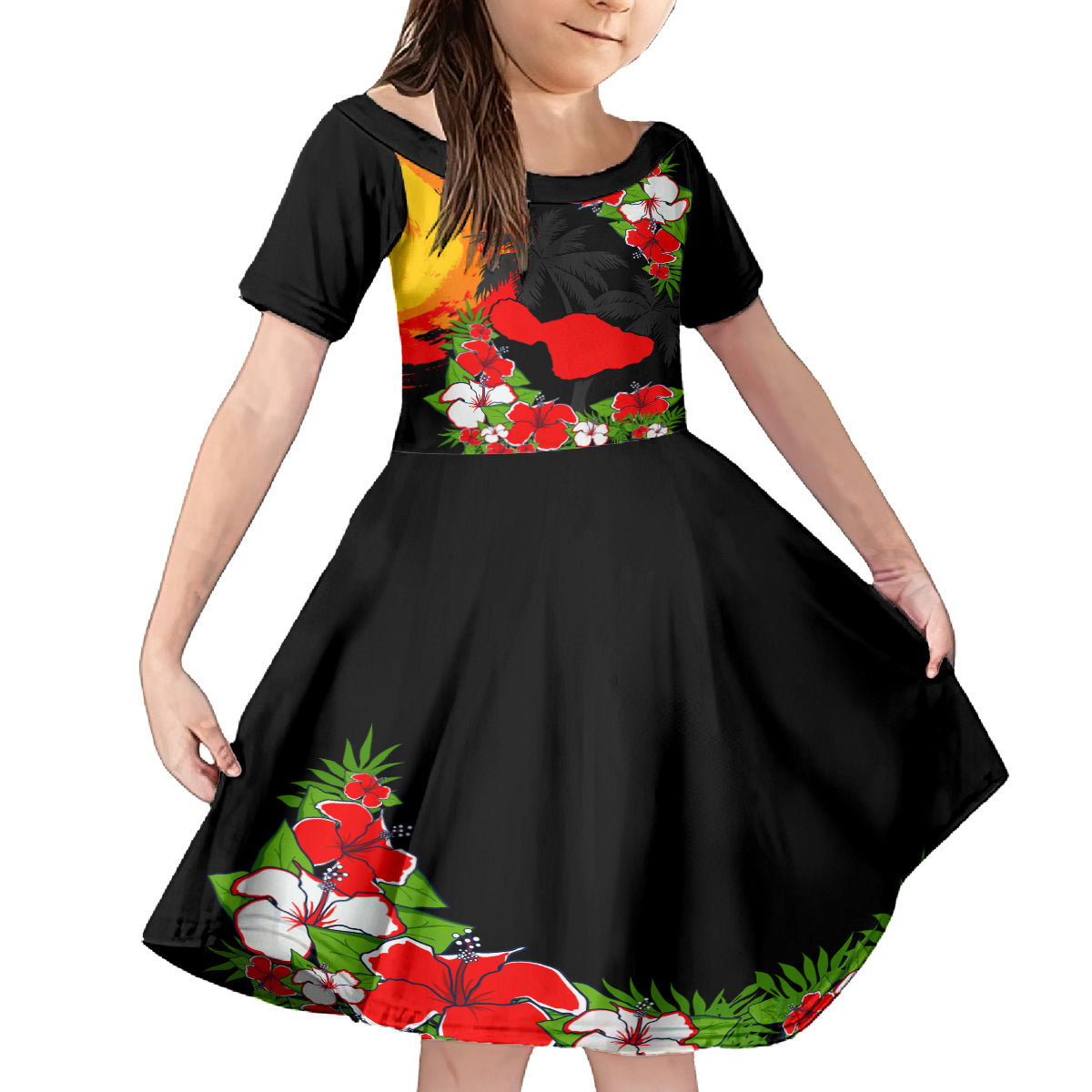 Hawaii Maui Island Family Matching Off Shoulder Short Dress and Hawaiian Shirt Maui Map With Tropical Forest Sunset Vibe LT03 Daughter's Dress Black - Polynesian Pride