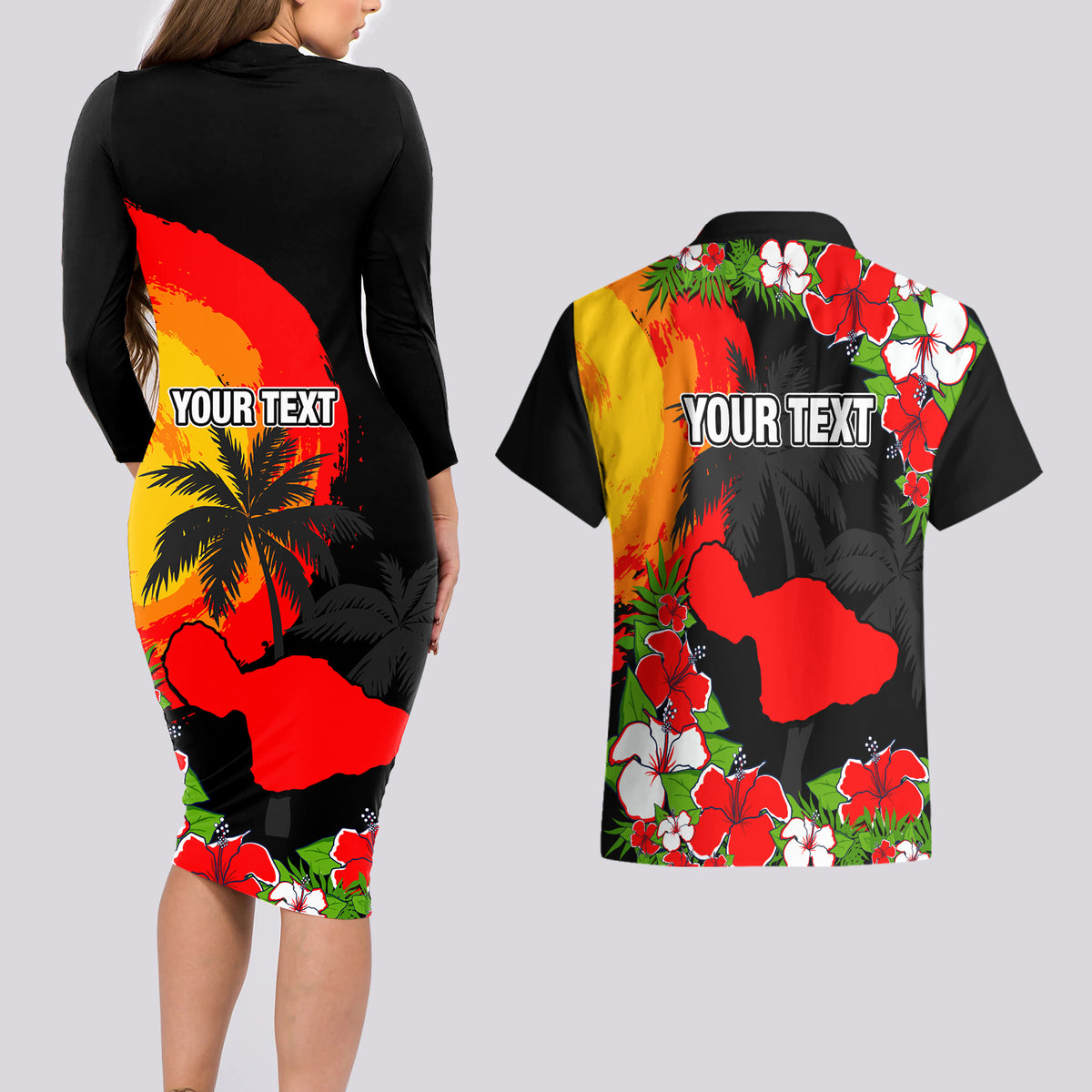Custom Hawaii Maui Island Couples Matching Long Sleeve Bodycon Dress and Hawaiian Shirt Maui Map With Tropical Forest Sunset Vibe LT03 - Polynesian Pride