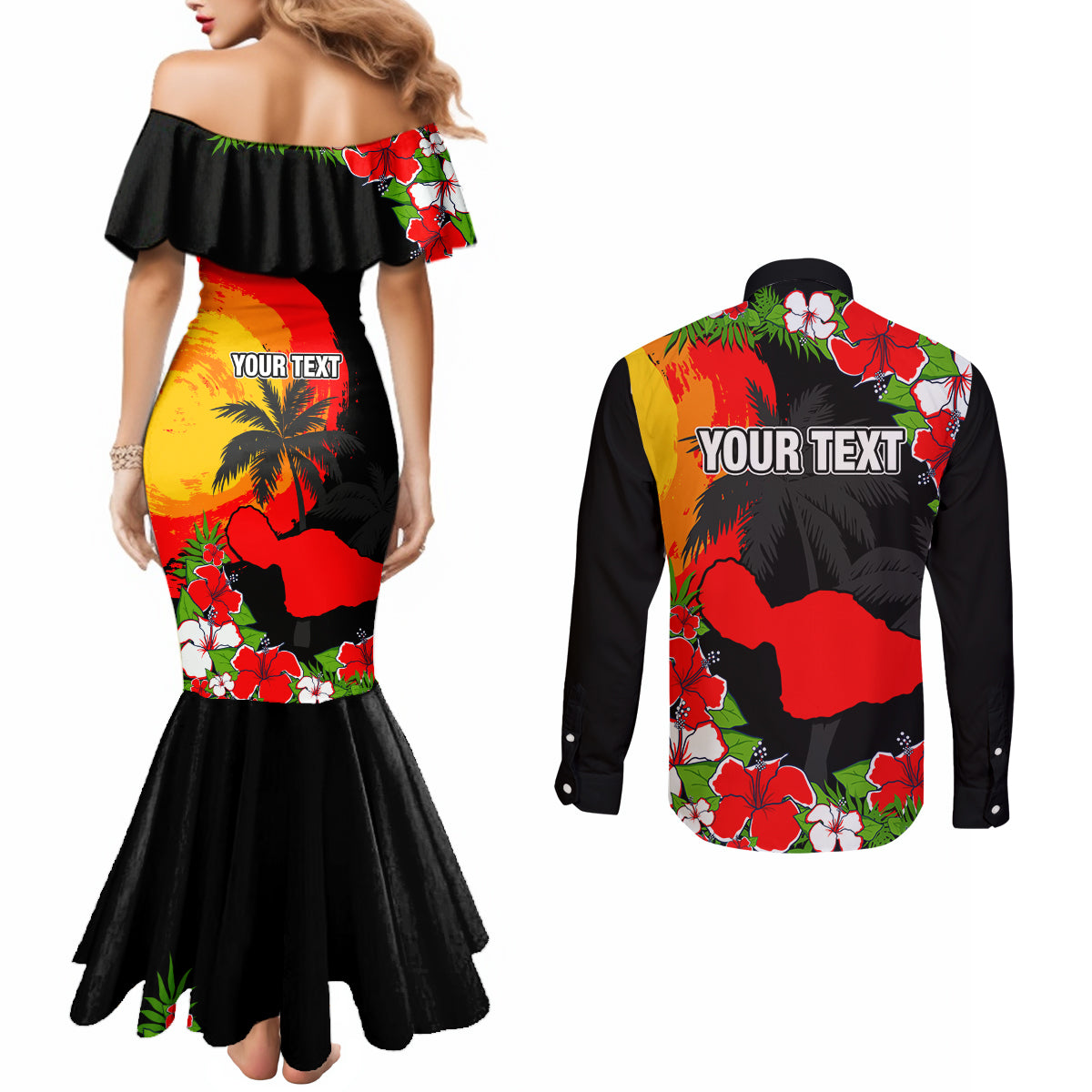 Custom Hawaii Maui Island Couples Matching Mermaid Dress and Long Sleeve Button Shirts Maui Map With Tropical Forest Sunset Vibe LT03 - Polynesian Pride