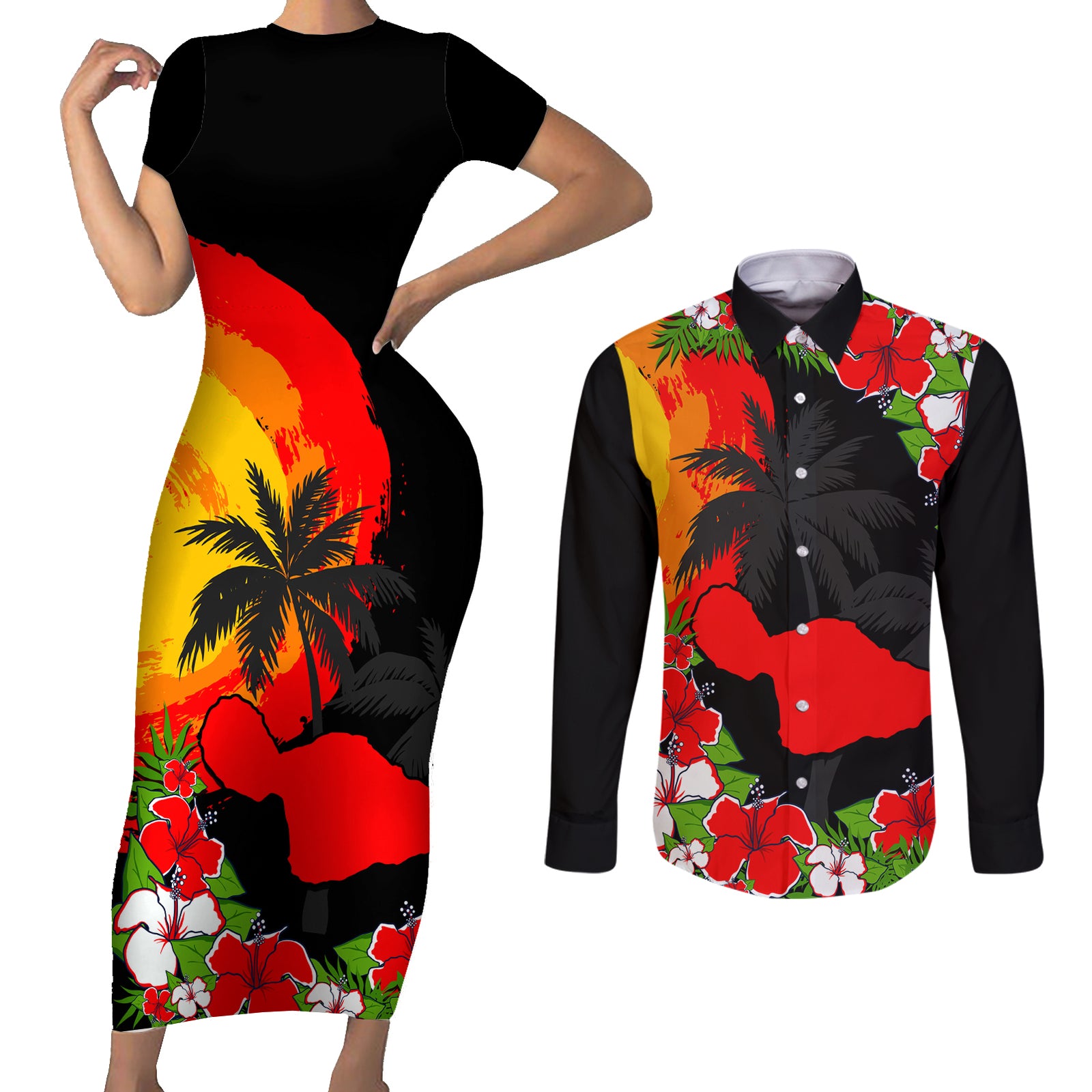 Custom Hawaii Maui Island Couples Matching Short Sleeve Bodycon Dress and Long Sleeve Button Shirts Maui Map With Tropical Forest Sunset Vibe LT03 Black - Polynesian Pride