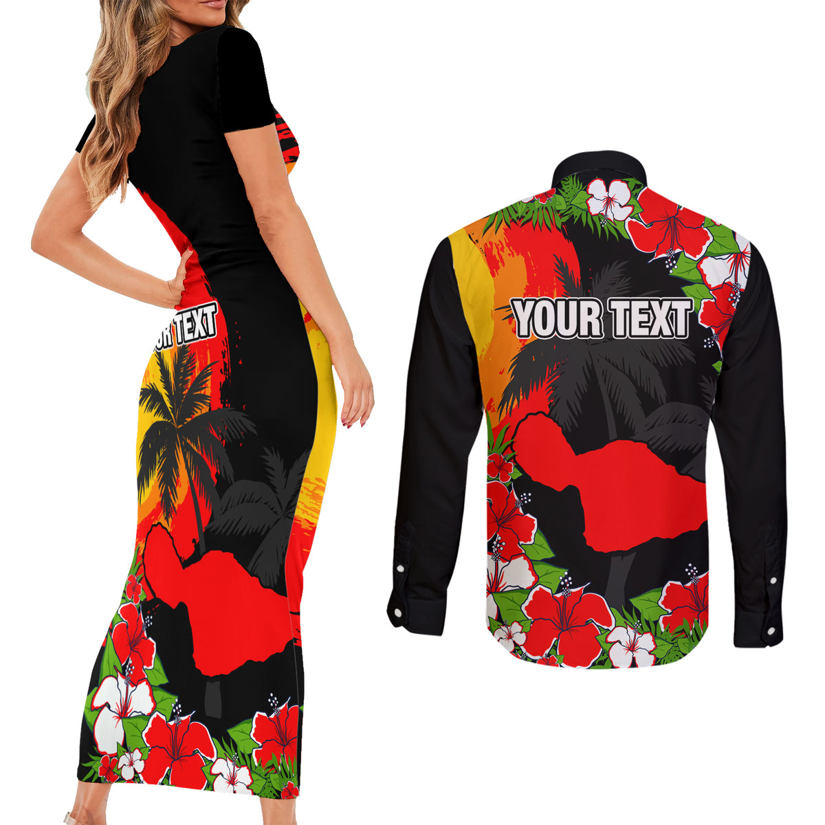 Custom Hawaii Maui Island Couples Matching Short Sleeve Bodycon Dress and Long Sleeve Button Shirts Maui Map With Tropical Forest Sunset Vibe LT03 - Polynesian Pride