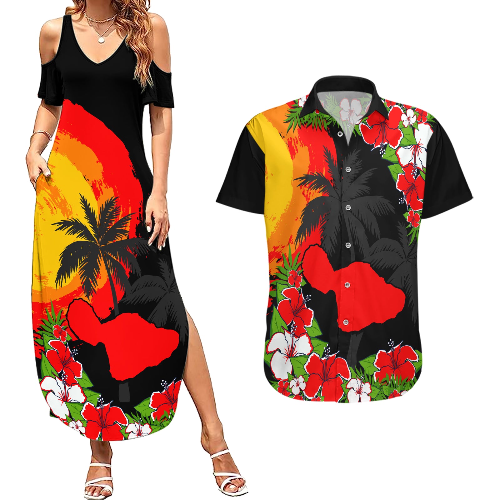 Custom Hawaii Maui Island Couples Matching Summer Maxi Dress and Hawaiian Shirt Maui Map With Tropical Forest Sunset Vibe LT03 Black - Polynesian Pride