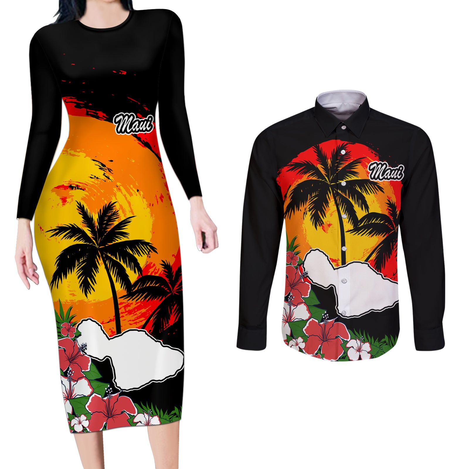 Hawaii Maui Island Couples Matching Long Sleeve Bodycon Dress and Long Sleeve Button Shirts Maui Map With Tropical Forest Vintage Style LT03 Black - Polynesian Pride