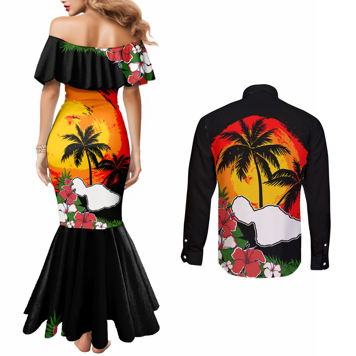 Hawaii Maui Island Couples Matching Mermaid Dress and Long Sleeve Button Shirts Maui Map With Tropical Forest Vintage Style LT03 - Polynesian Pride