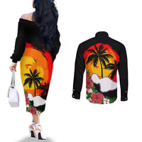Hawaii Maui Island Couples Matching Off The Shoulder Long Sleeve Dress and Long Sleeve Button Shirts Maui Map With Tropical Forest Vintage Style LT03 - Polynesian Pride