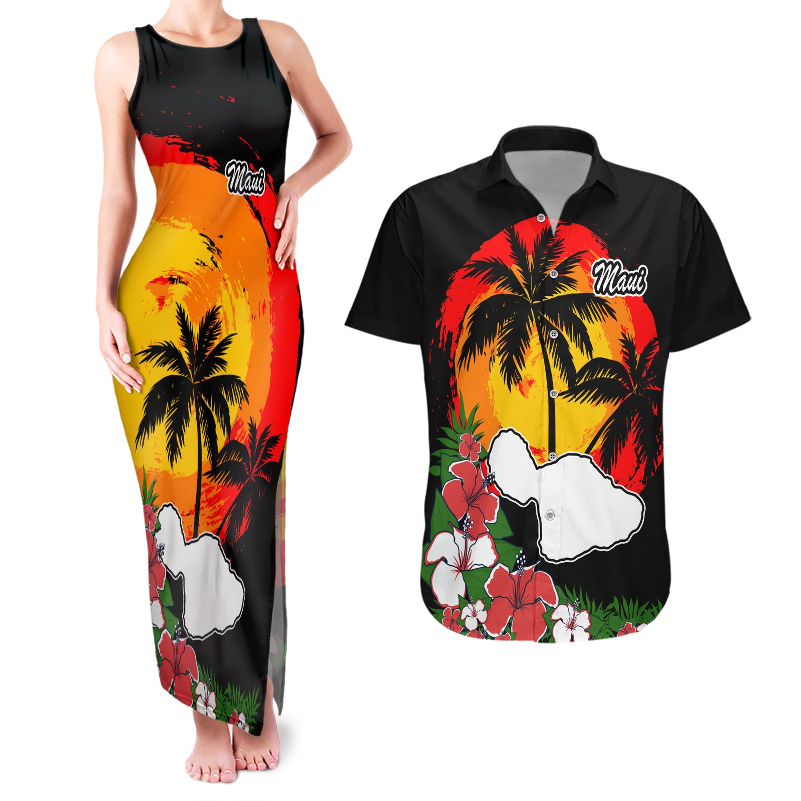 Hawaii Maui Island Couples Matching Tank Maxi Dress and Hawaiian Shirt Maui Map With Tropical Forest Vintage Style LT03 Black - Polynesian Pride