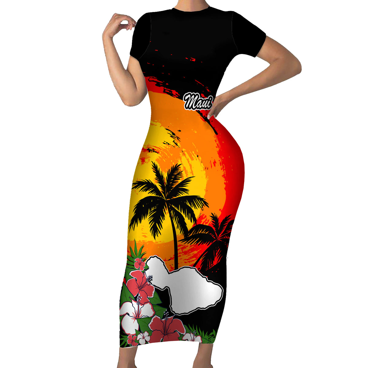 Hawaii Maui Island Family Matching Short Sleeve Bodycon Dress and Hawaiian Shirt Maui Map With Tropical Forest Vintage Style LT03 Mom's Dress Black - Polynesian Pride