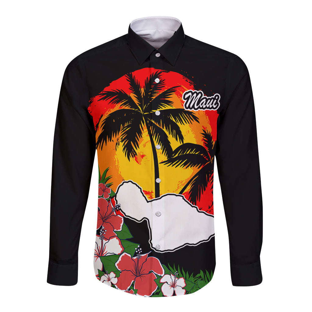 Hawaii Maui Island Long Sleeve Button Shirt Maui Map With Tropical Forest Vintage Style LT03 Unisex Black - Polynesian Pride