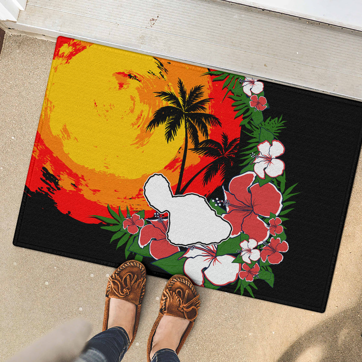 Hawaii Maui Island Rubber Doormat Maui Map With Tropical Forest Vintage Style LT03 - Polynesian Pride