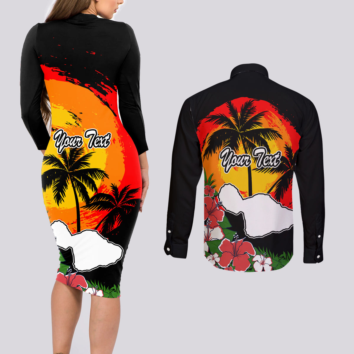 Custom Hawaii Maui Island Couples Matching Long Sleeve Bodycon Dress and Long Sleeve Button Shirts Maui Map With Tropical Forest Vintage Style LT03 - Polynesian Pride