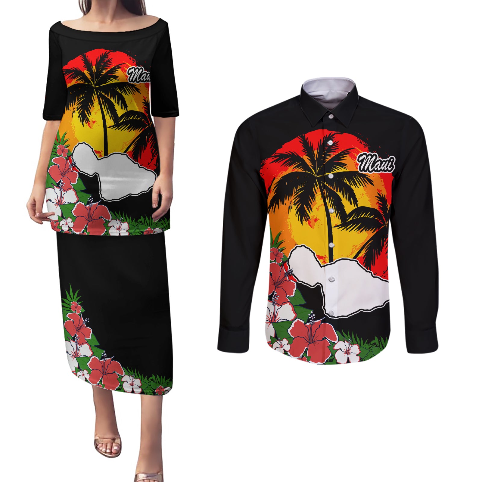 Custom Hawaii Maui Island Couples Matching Puletasi Dress and Long Sleeve Button Shirts Maui Map With Tropical Forest Vintage Style LT03 Black - Polynesian Pride