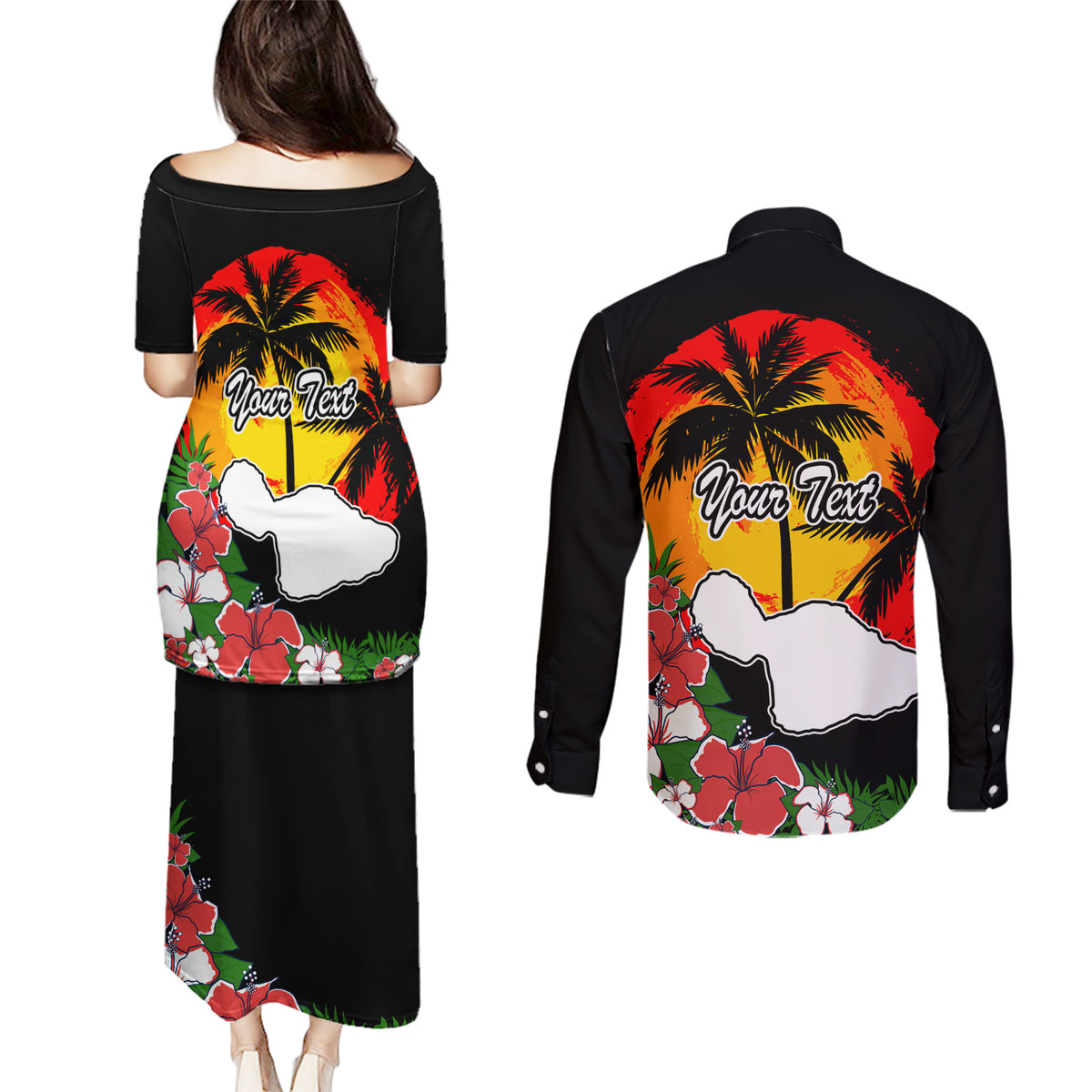 Custom Hawaii Maui Island Couples Matching Puletasi Dress and Long Sleeve Button Shirts Maui Map With Tropical Forest Vintage Style LT03 - Polynesian Pride