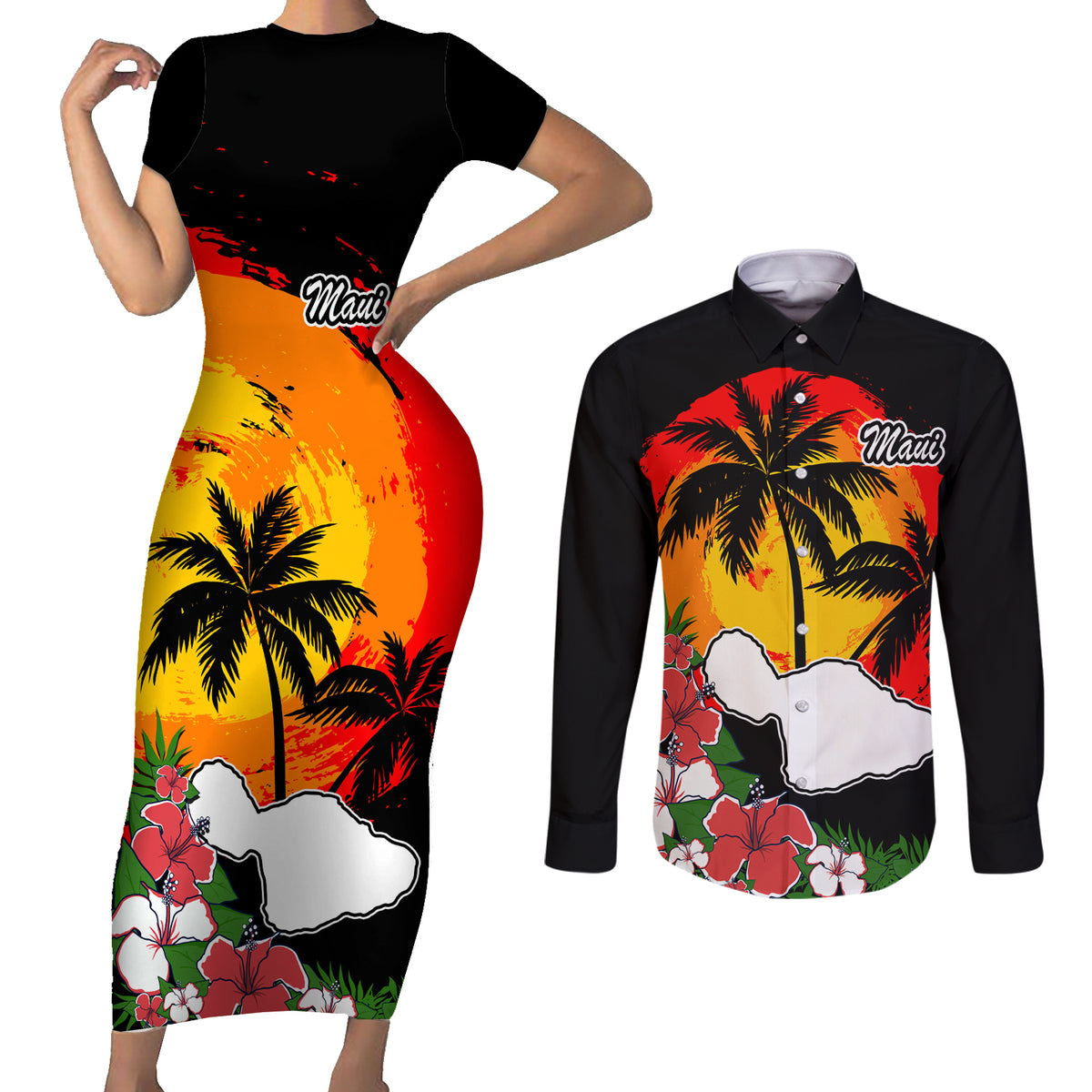 Custom Hawaii Maui Island Couples Matching Short Sleeve Bodycon Dress and Long Sleeve Button Shirts Maui Map With Tropical Forest Vintage Style LT03 Black - Polynesian Pride