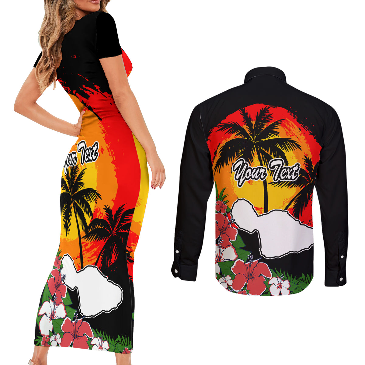 Custom Hawaii Maui Island Couples Matching Short Sleeve Bodycon Dress and Long Sleeve Button Shirts Maui Map With Tropical Forest Vintage Style LT03 - Polynesian Pride
