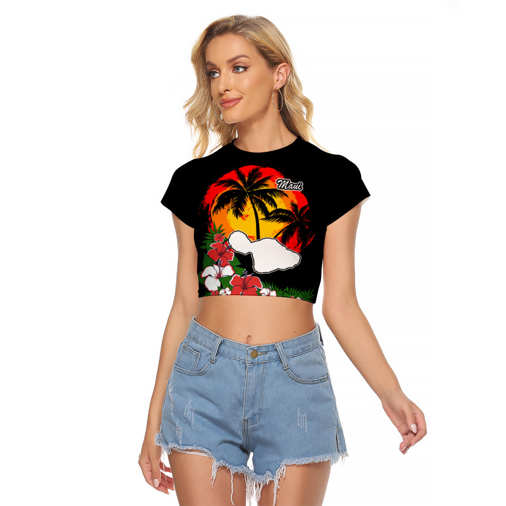 Custom Hawaii Maui Island Raglan Cropped T Shirt Maui Map With Tropical Forest Vintage Style LT03 Female Black - Polynesian Pride