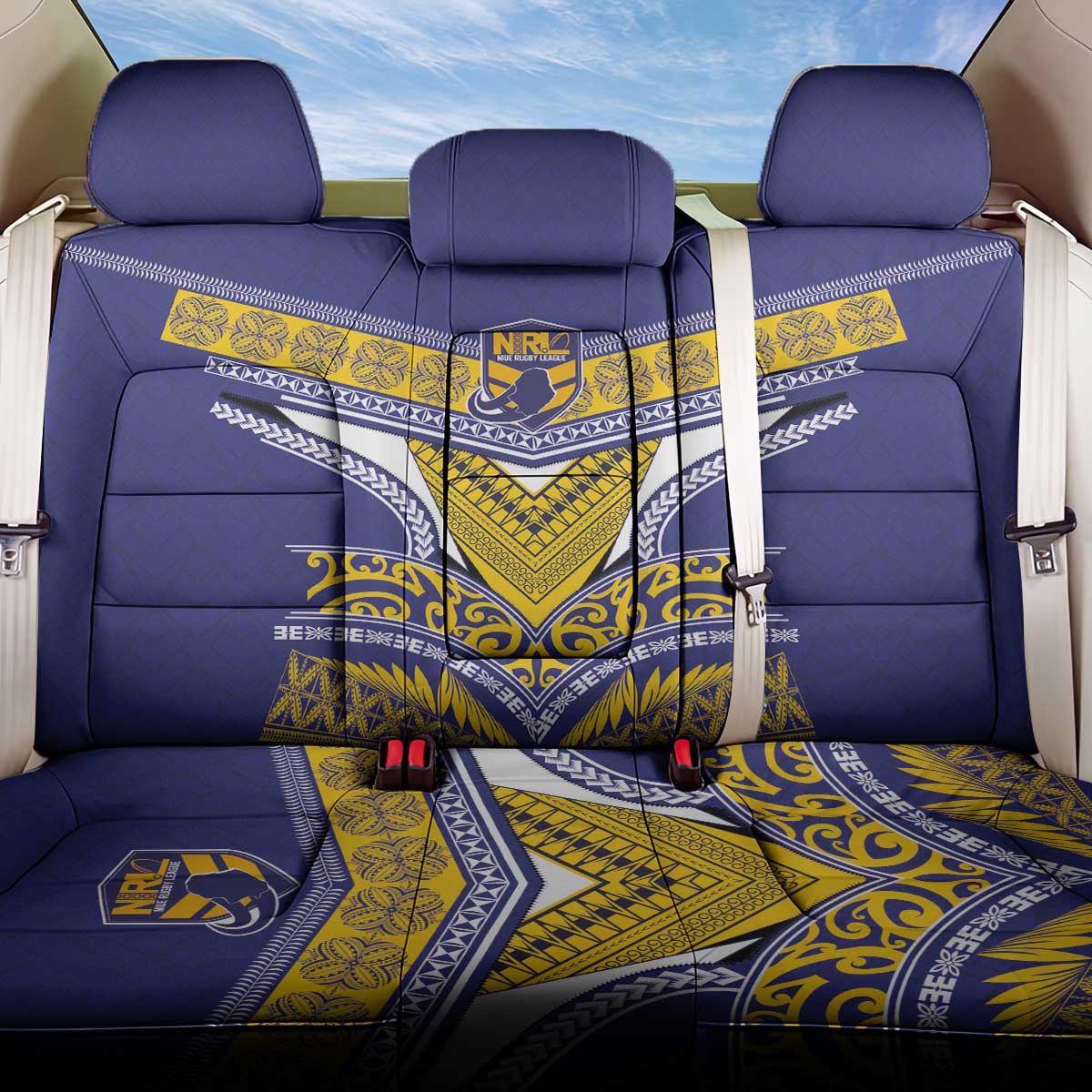 Rugby Niue Back Car Seat Cover Hiapo Tribal Heritage Tattoos Blue Color - Polynesian Pride
