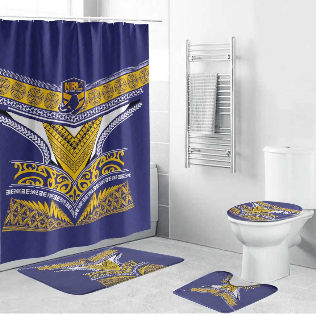 Rugby Niue Bathroom Set Hiapo Tribal Heritage Tattoos Blue Color - Polynesian Pride