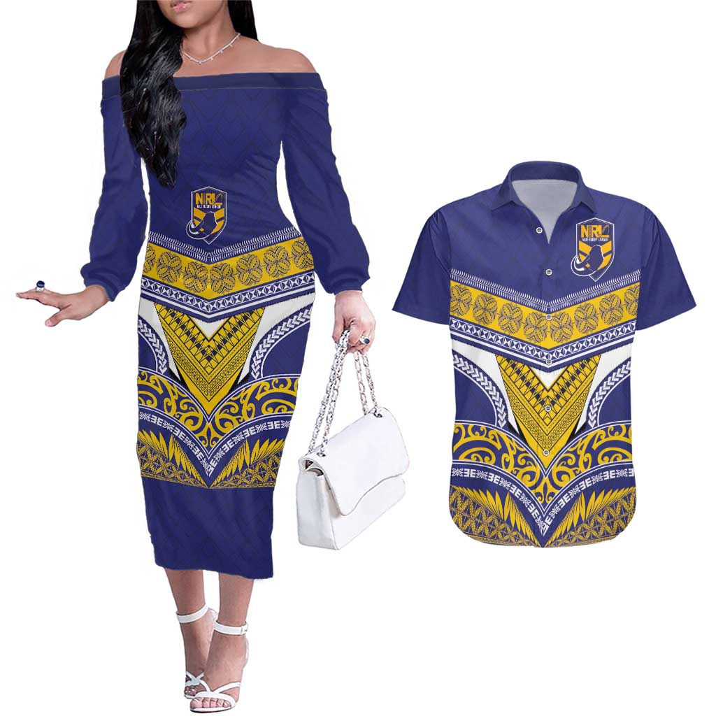 Custom Rugby Niue Couples Matching Off The Shoulder Long Sleeve Dress and Hawaiian Shirt Hiapo Tribal Heritage Tattoos Blue Color - Polynesian Pride