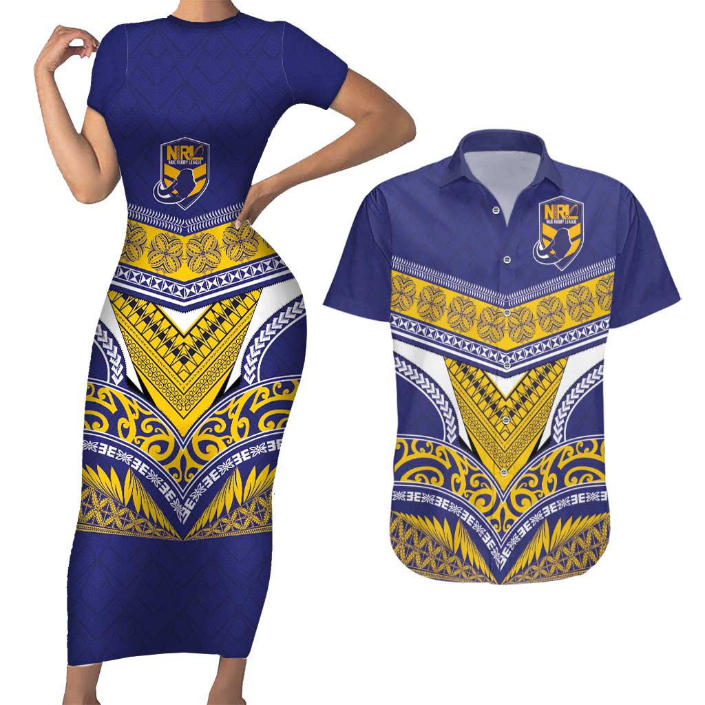 Custom Rugby Niue Couples Matching Short Sleeve Bodycon Dress and Hawaiian Shirt Hiapo Tribal Heritage Tattoos Blue Color - Polynesian Pride