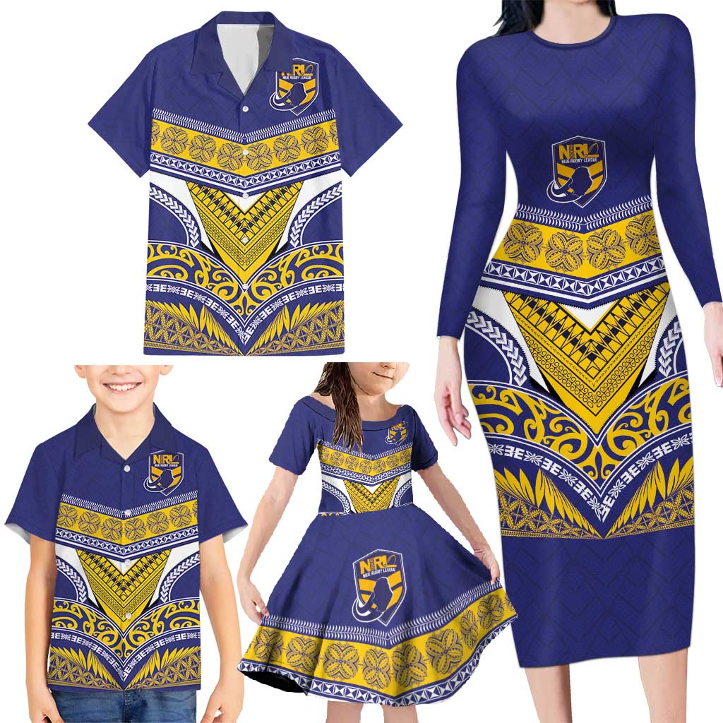 Custom Rugby Niue Family Matching Long Sleeve Bodycon Dress and Hawaiian Shirt Hiapo Tribal Heritage Tattoos Blue Color - Polynesian Pride