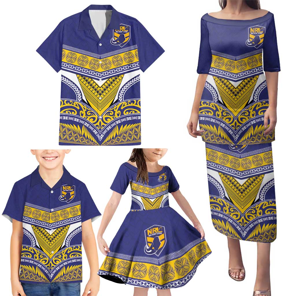 Custom Rugby Niue Family Matching Puletasi and Hawaiian Shirt Hiapo Tribal Heritage Tattoos Blue Color - Polynesian Pride