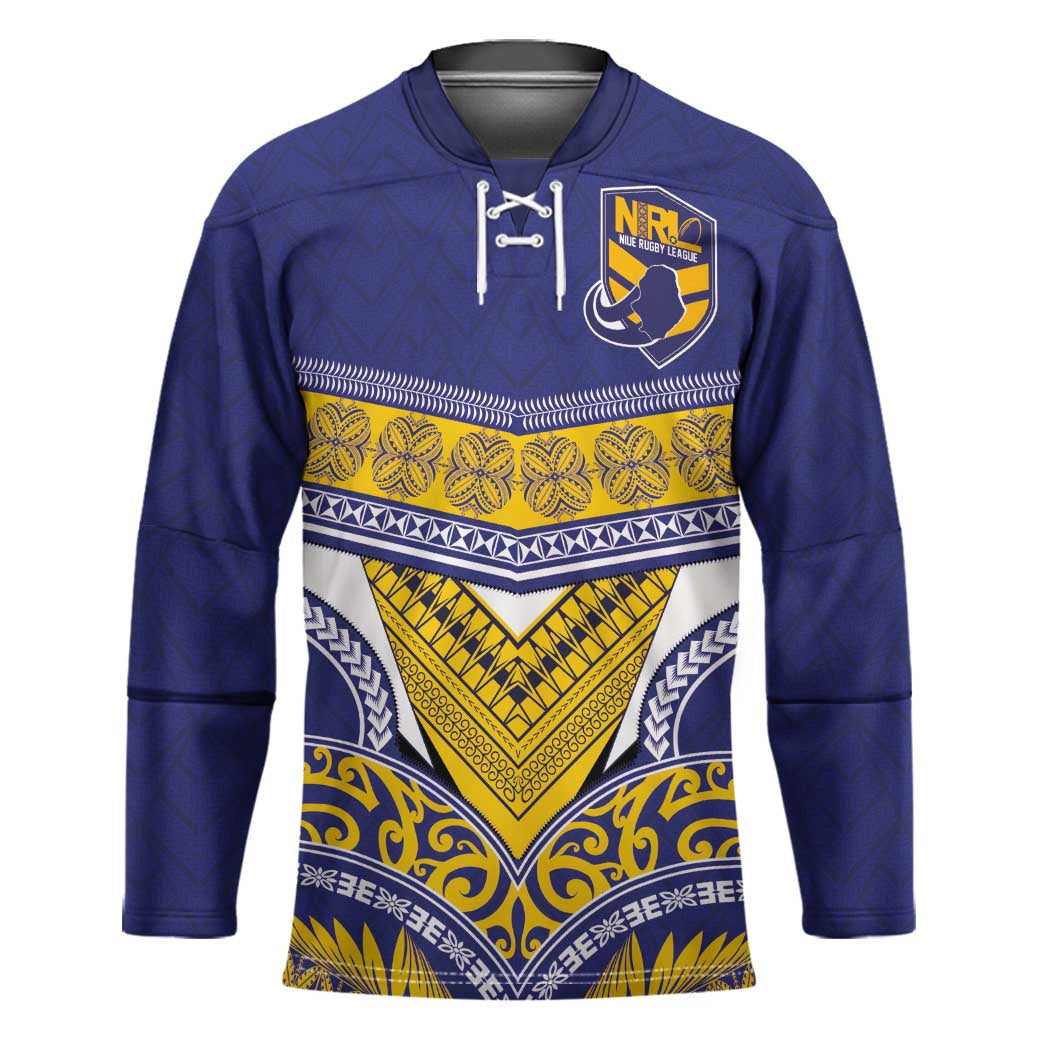 Custom Rugby Niue Hockey Jersey Hiapo Tribal Heritage Tattoos Blue Color - Polynesian Pride