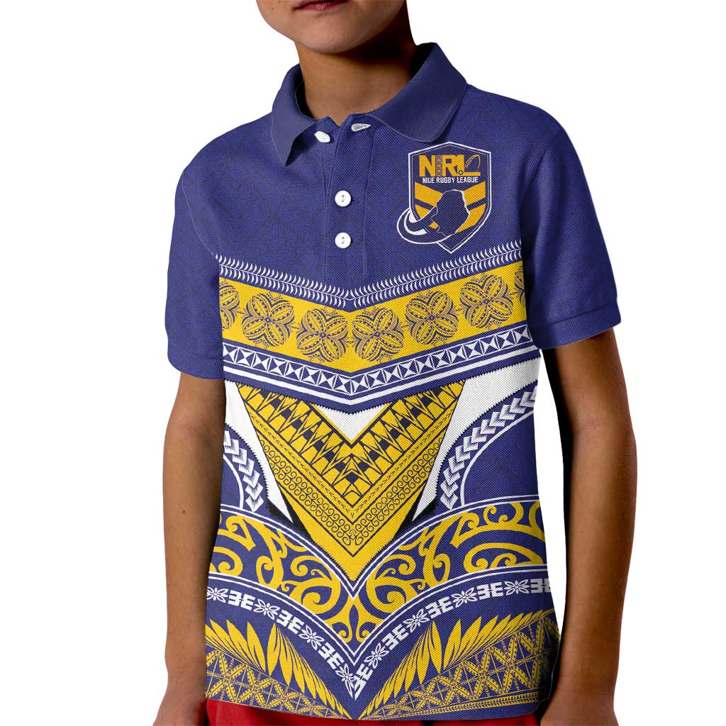 Custom Rugby Niue Kid Polo Shirt Hiapo Tribal Heritage Tattoos Blue Color - Polynesian Pride