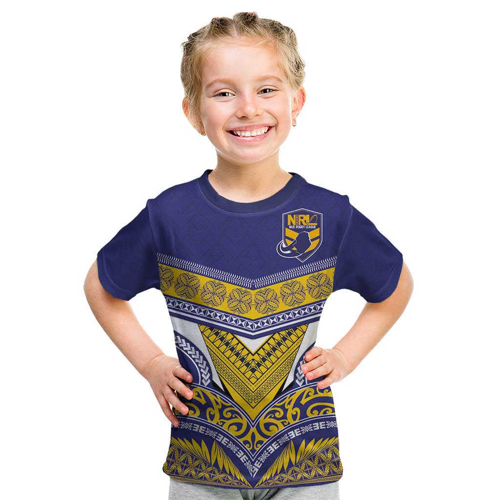 Custom Rugby Niue Kid T Shirt Hiapo Tribal Heritage Tattoos Blue Color - Polynesian Pride