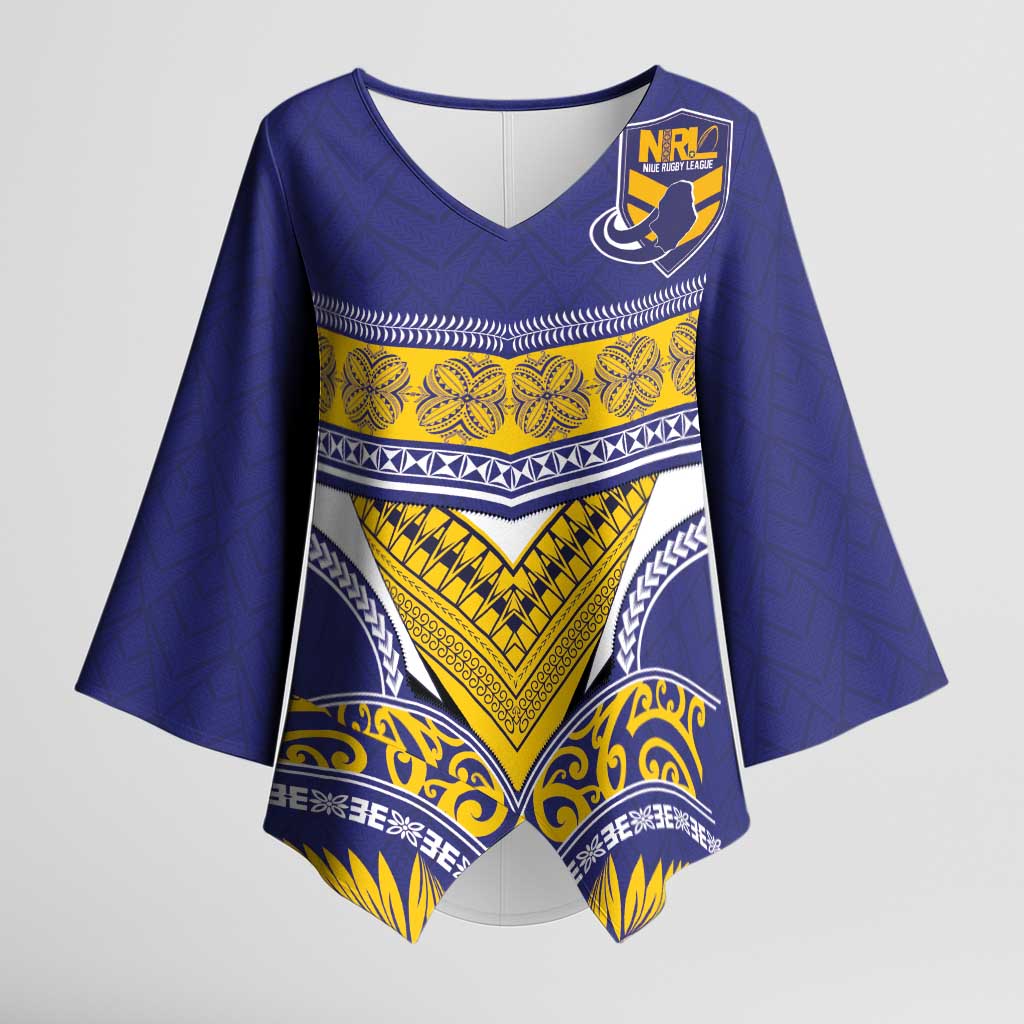 Custom Rugby Niue Kimono Sleeve Blouse Hiapo Tribal Heritage Tattoos Blue Color - Polynesian Pride