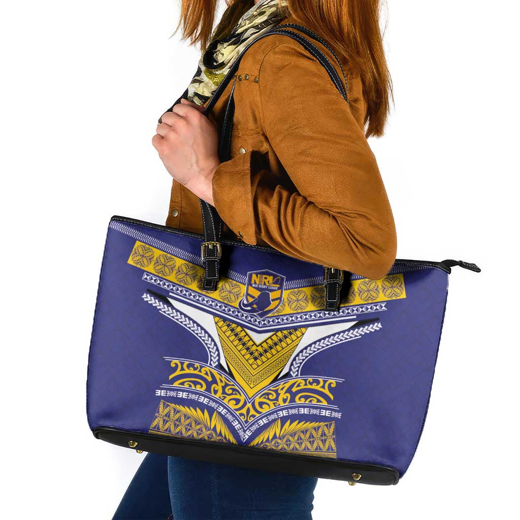 Rugby Niue Leather Tote Bag Hiapo Tribal Heritage Tattoos Blue Color - Polynesian Pride