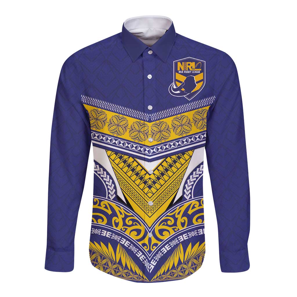 Custom Rugby Niue Long Sleeve Button Shirt Hiapo Tribal Heritage Tattoos Blue Color - Polynesian Pride