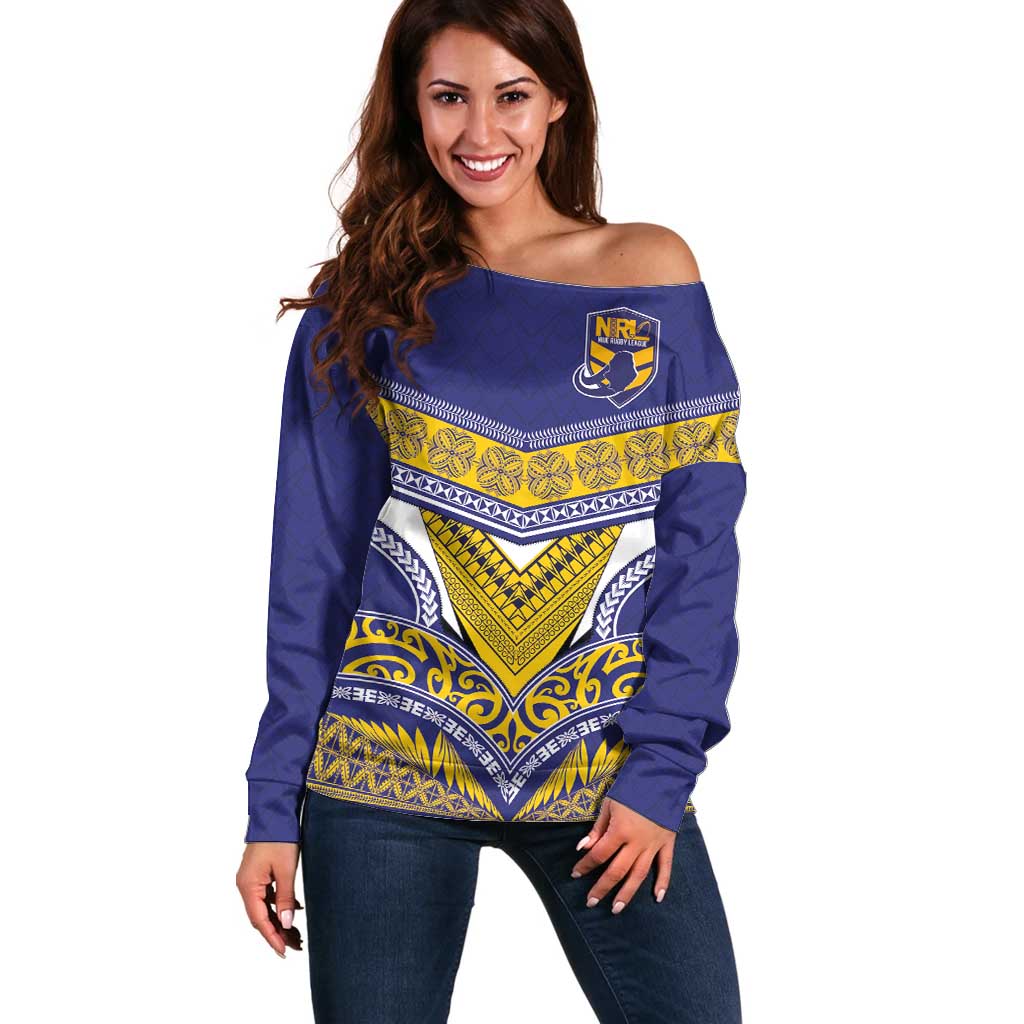 Custom Rugby Niue Off Shoulder Sweater Hiapo Tribal Heritage Tattoos Blue Color - Polynesian Pride