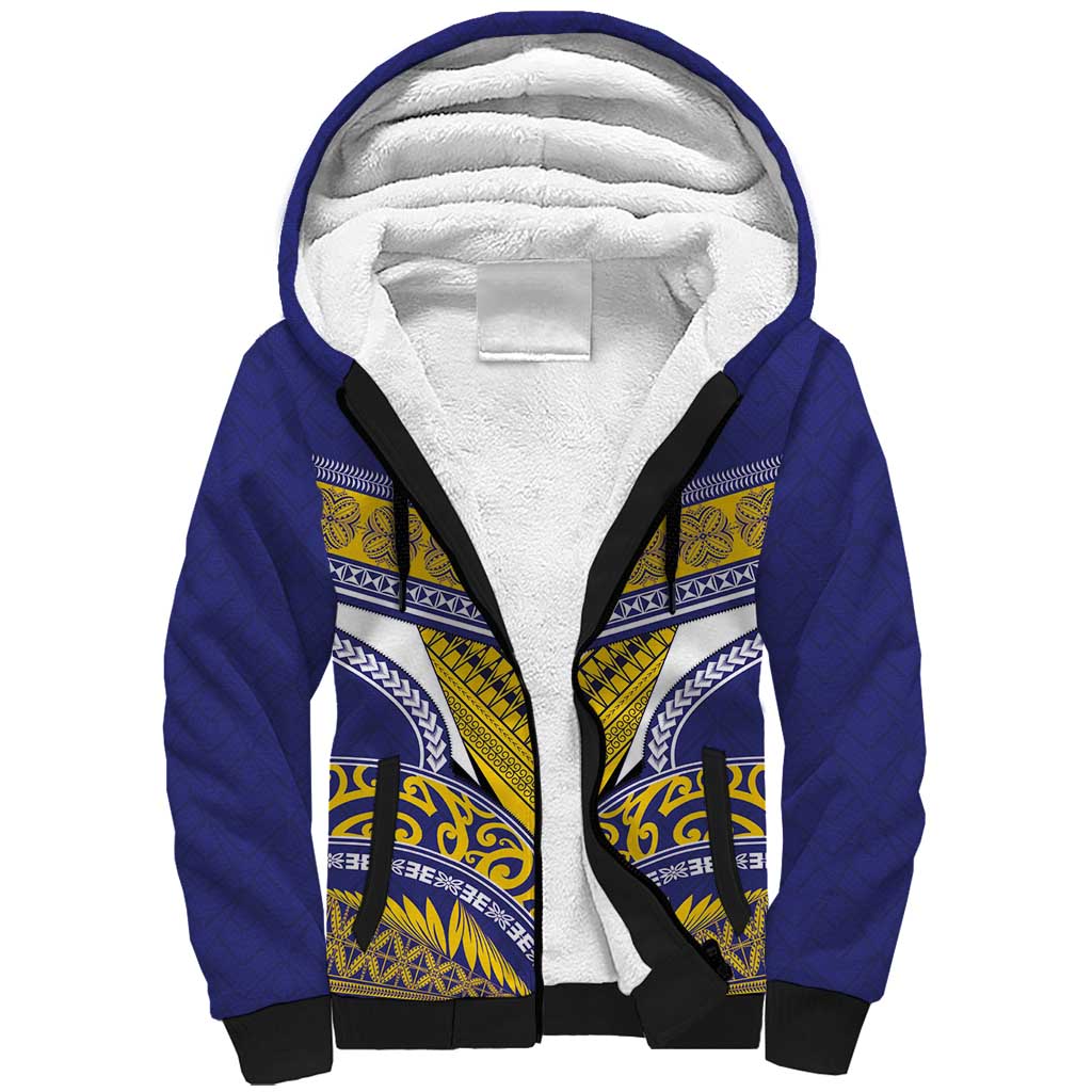 Custom Rugby Niue Sherpa Hoodie Hiapo Tribal Heritage Tattoos Blue Color - Polynesian Pride