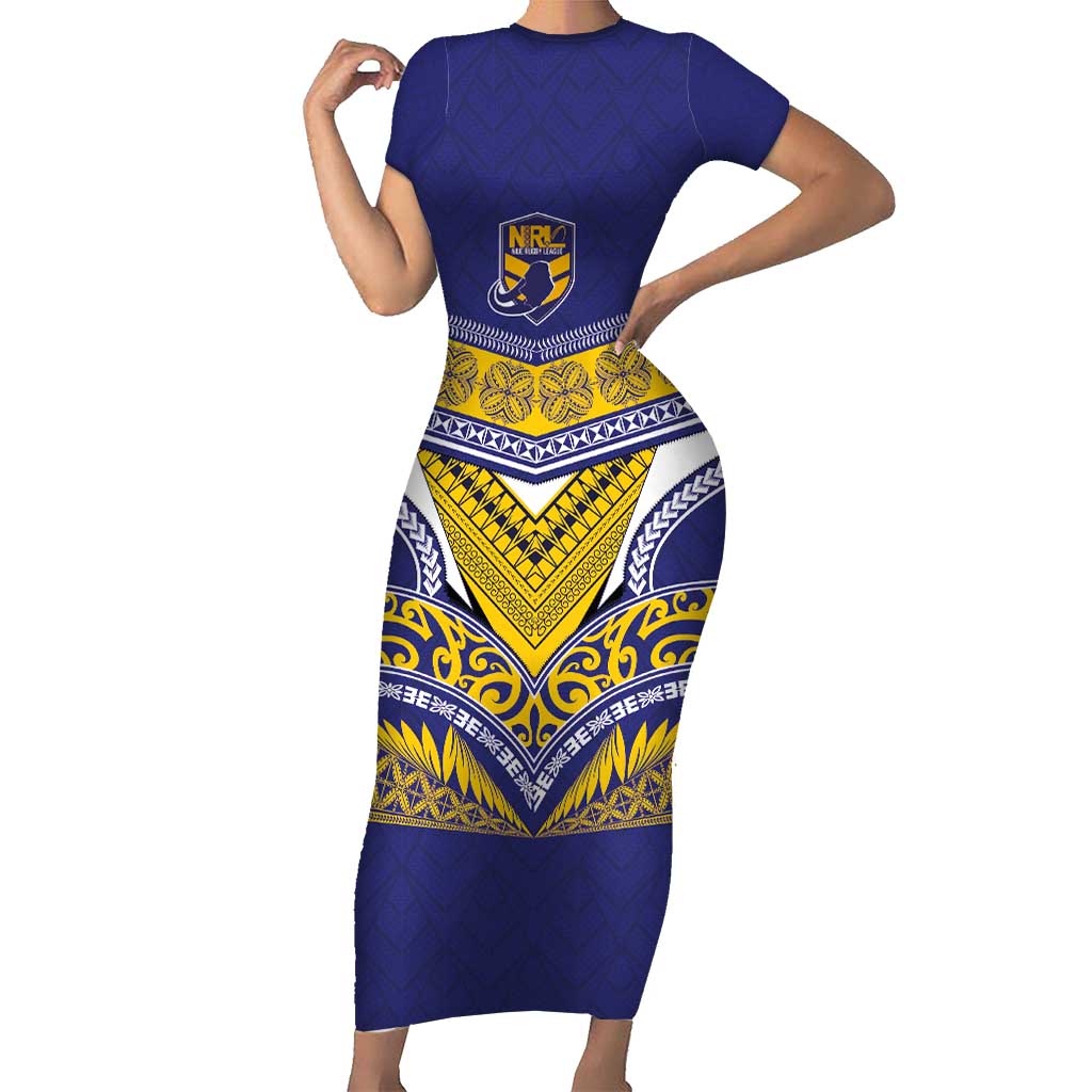 Custom Rugby Niue Short Sleeve Bodycon Dress Hiapo Tribal Heritage Tattoos Blue Color - Polynesian Pride