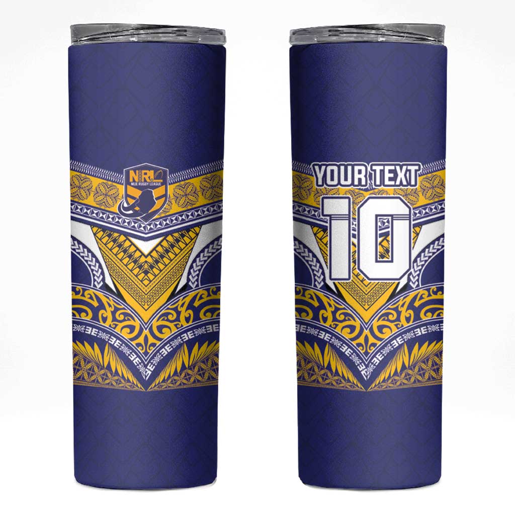 Custom Rugby Niue Skinny Tumbler Hiapo Tribal Heritage Tattoos Blue Color - Polynesian Pride