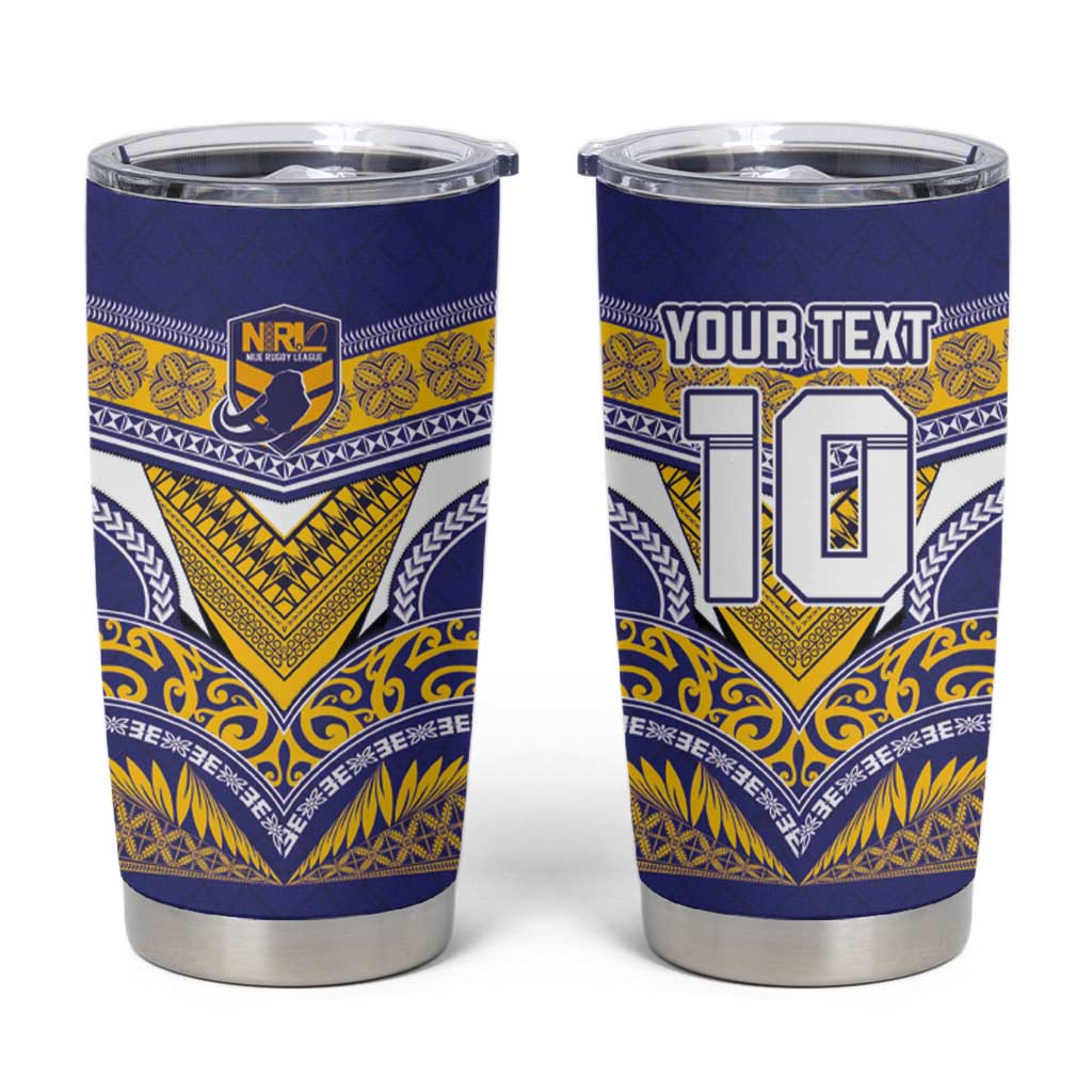 Custom Rugby Niue Tumbler Cup Hiapo Tribal Heritage Tattoos Blue Color - Polynesian Pride